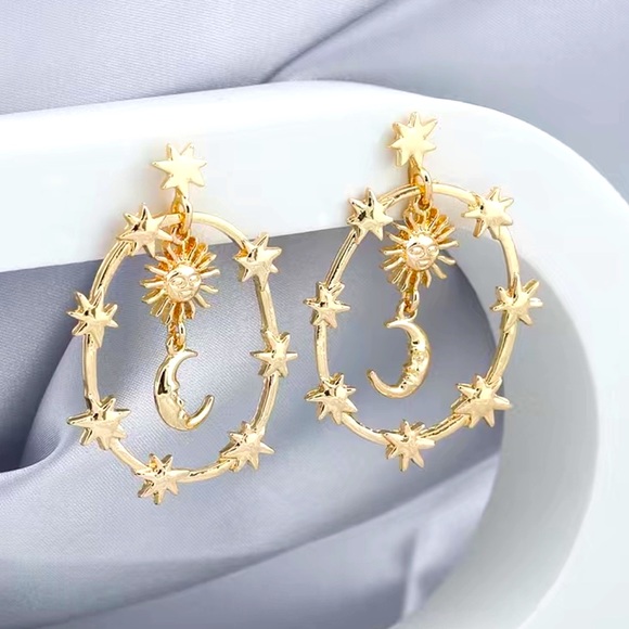 Gold Moon and Star Dangle Earrings - Picture 2 of 6